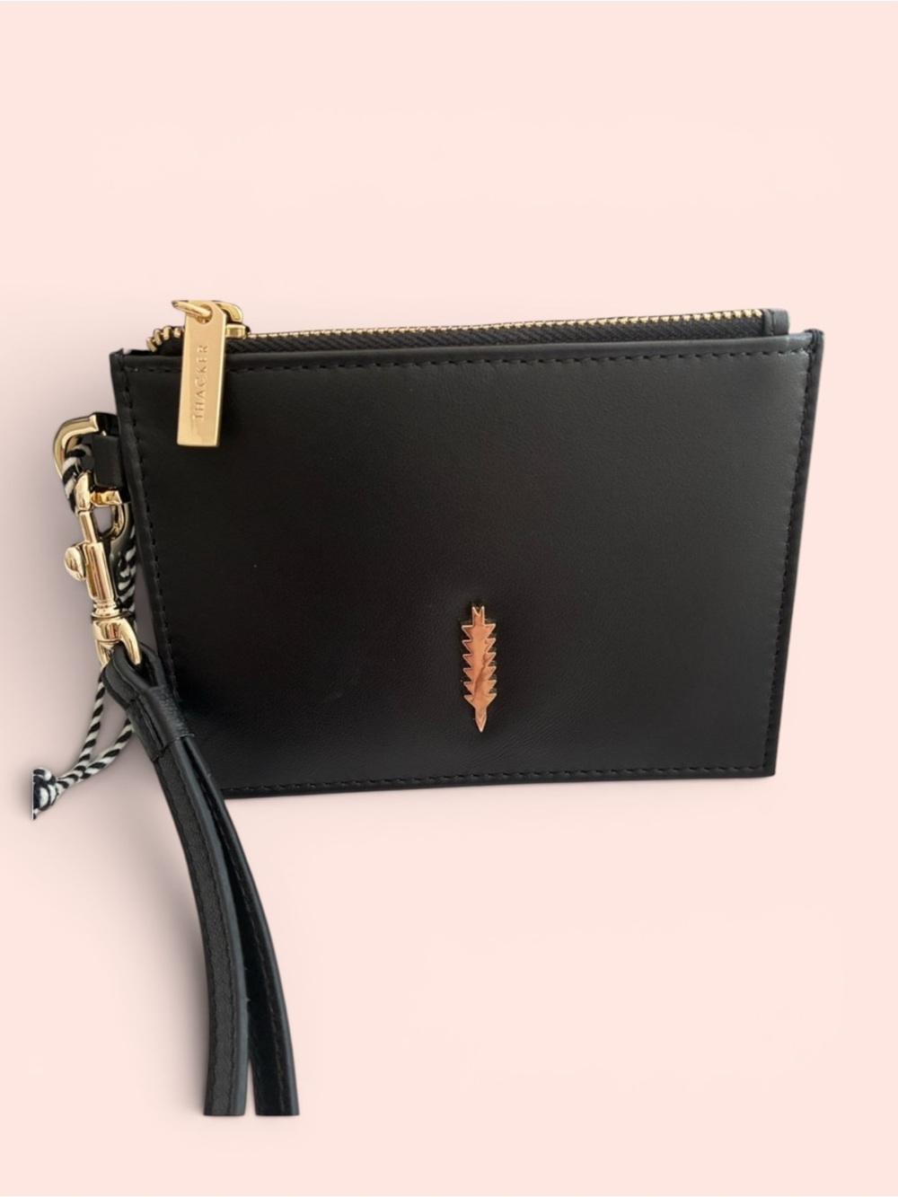 Thacker Leather Zip Wristlet in Black with Gold Accent, new w tag.